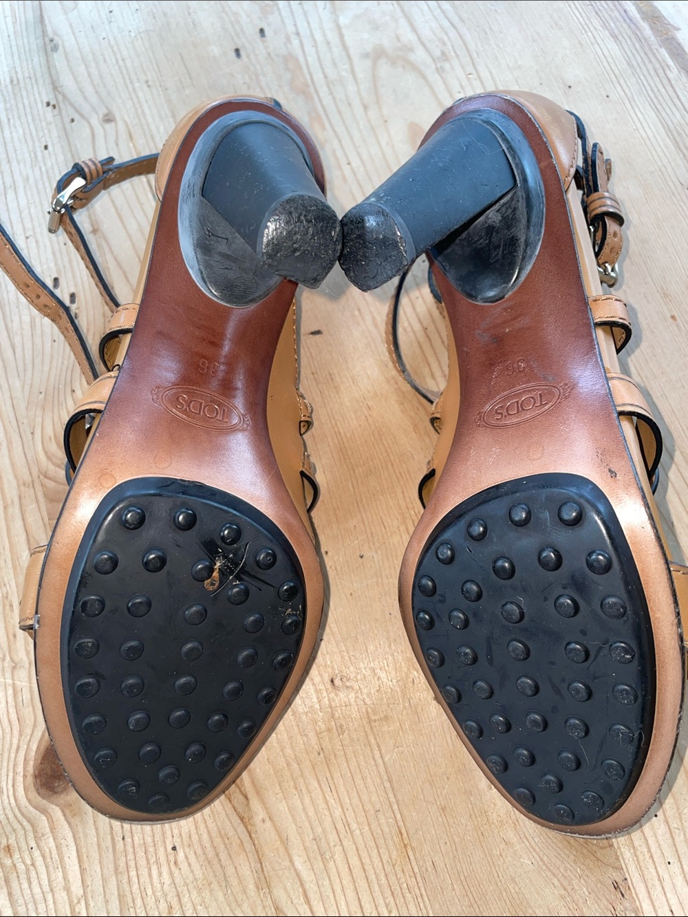 Tod's Italian Cognac Leather Multi-Strap Caged Buckle Sandals - Picture 8 of 10